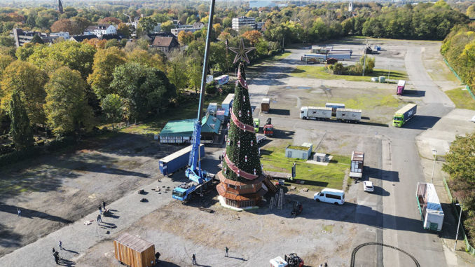 Seit dem 23. Oktober steht der 45 Meter hohe Weihnachtsbaum auf dem Cranger Kirmesplatz. // Foto: Alex Talash