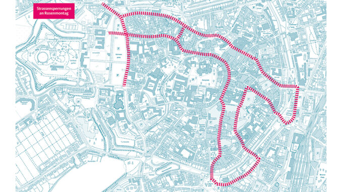 Die Strecke des Rosenmontagsumzugs wird für den Straßenverkehr gesperrt. // Grafik: Stadt Münster